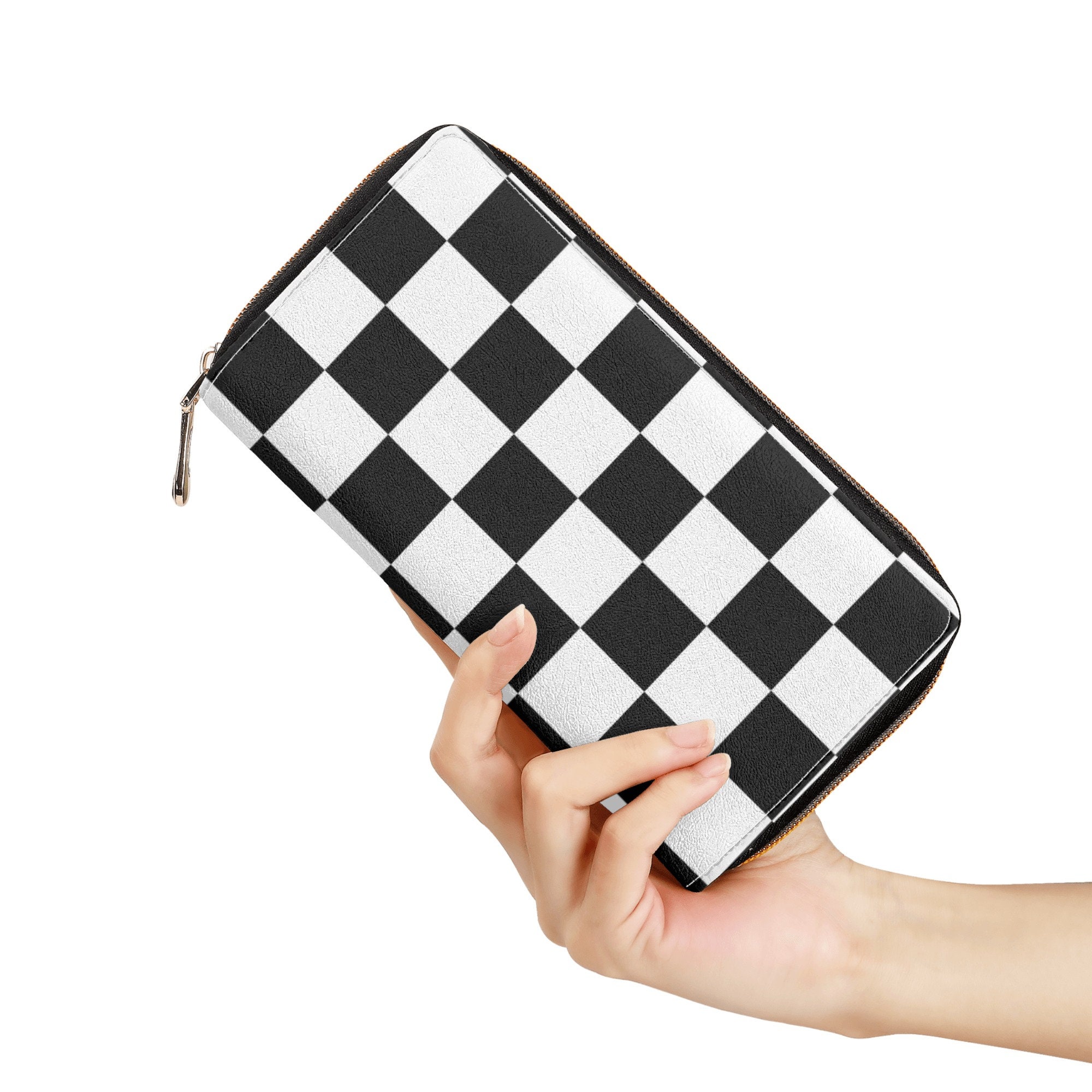 Checkered Leather Wallet Women, Black White Check Vegan