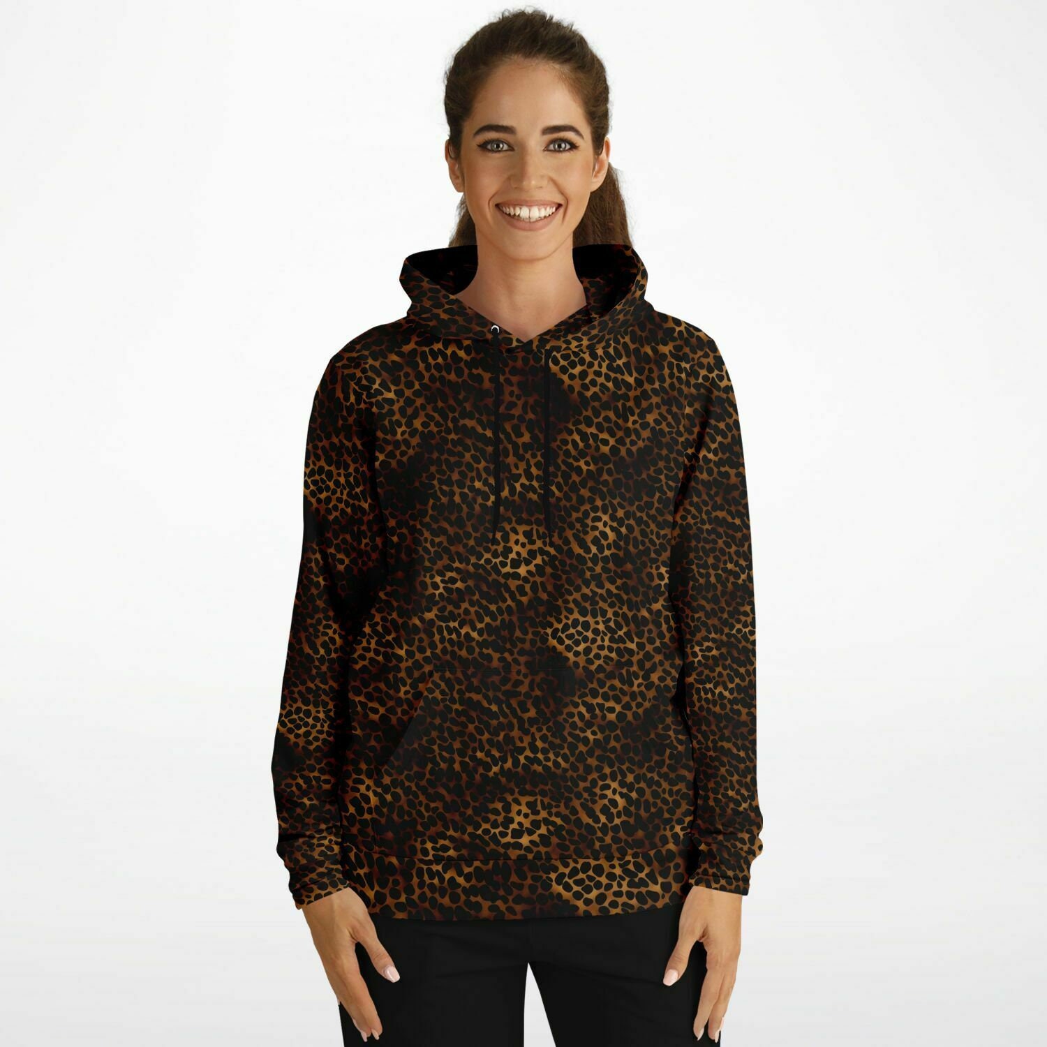 Leopard Print Hoodie, Animal Cheetah Dark Brown Black Pullover Men