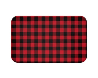 Red Black Buffalo Plaid Bath Mat, Check Christmas Xmas Shower Bathroom Decor Non Slip Floor Memory Foam Microfiber Large Small Washable Rug