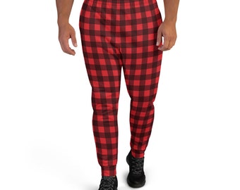 Men's Joggers, Red Buffalo Plaid Pants Checkered Check Lumberjack Track Cotton Graphic running Festival Holiday Christmas Party Sweatpants