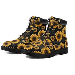 Sonnenblume Frauen Leder Stiefel, Gelbe Blumen Floral Vegan Schnür Schuhe Wandern Festival Schwarz Knöchel Arbeit Winter Wasserdicht Benutzerdefinierte Damen