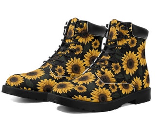 Sunflower Women Leather Boots, Yellow Flowers Floral Vegan Lace Up Shoes Hiking Festival Black Ankle Work Winter Waterproof Custom Ladies