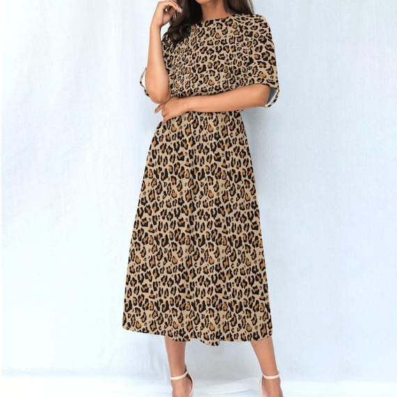 Leopard Women Maxi Dress, Animal Print Cheetah Elastic Waist Long Ankle Length Short Sleeve Pockets Spring Summer Cute Ladies M / White Leopard Women Maxi Dress, Animal Print Cheetah Elastic Waist Long Ankle Length Short Sleeve Pockets Spring Summer Cute Ladies M / White
