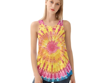 Tie Dye Women Tank Top, Yellow Pink Flower Festival Yoga Workout Ladies Summer Muscle Sleeveless Female Designer Shirt Tee