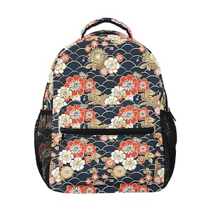 Japanese Backpack, Asian Floral flowers Men Women Kids Gift School College Cool Waterproof Side Pockets Laptop Designer Aesthetic Bag