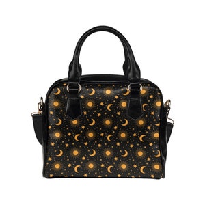 Moon Sun Stars Purse, Space Celestial Pattern Vegan Leather Cute Small Shoulder Zip Bag Women Ladies Designer Handbag Crossbody