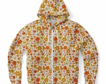 Groovy Flowers Zip Up Hoodie, Vintage Floral 70s Orange Zipper Pocket Men Women Unisex Adult Aesthetic Cotton Fleece Hooded Sweatshirt