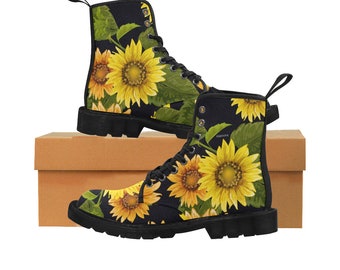 Sonnenblume Damen Stiefel, Floral Schwarze Kampfschuhe Vegan Canvas Lace Up Gelb Blumendruck Ankle Casual Custom Vintage Geschenk