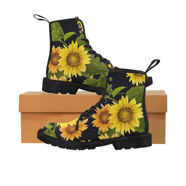 Sunflower Women's Boots, Floral Black Combat Shoes Vegan Canvas Lace Up Yellow Flower Print Ankle Casual Custom Vintage Gift