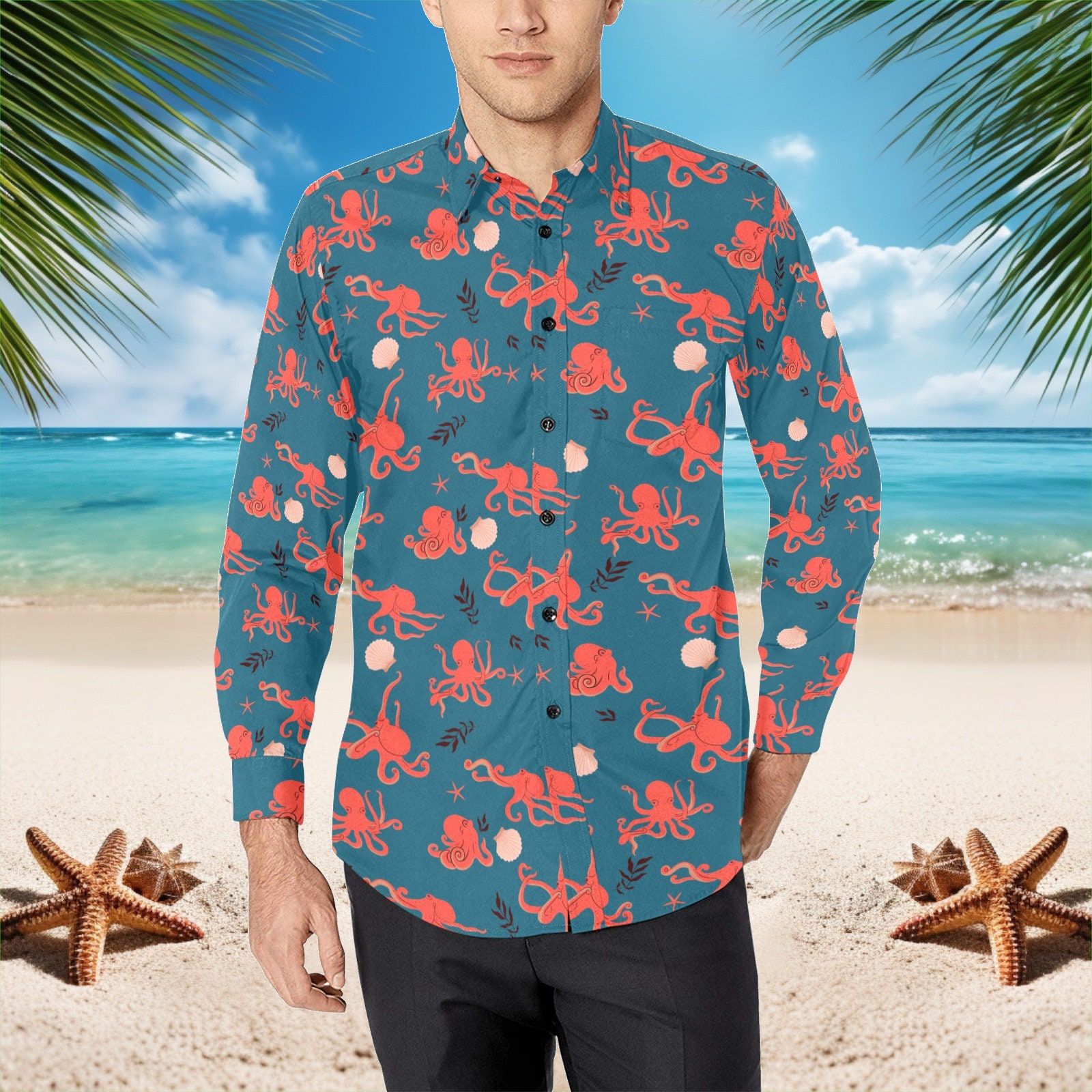 octopus dress shirt Octopus Men Button Up Shirt, Long Sleeve Kraken Marine Animals Beach Sea Fish Print Dress Buttoned Collar Dress Shirt with Chest Pocket