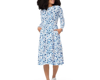 Blue Ditsy Floral Long Sleeve Midi Dress with Pockets, White Flower Women Casual Cute Designer Flare Elegant Evening Plus Size Cocktail