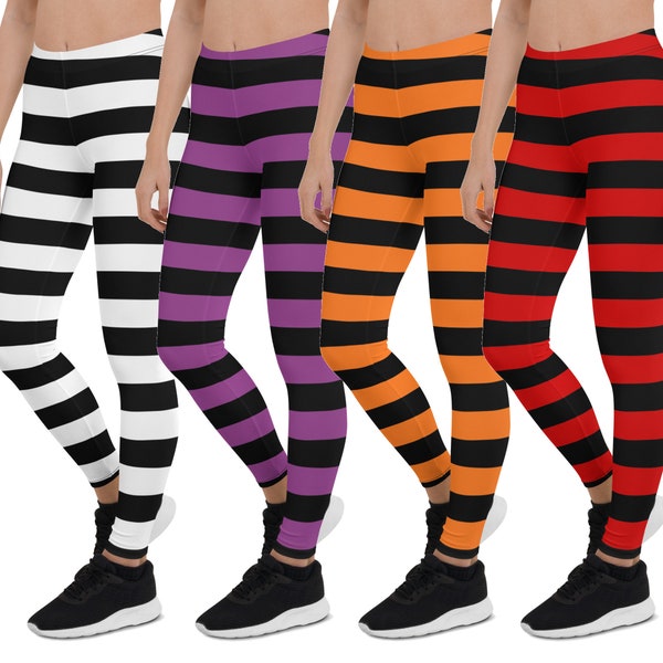 Striped Leggings Women, Witch Tights Halloween Goth Black Orange Purple White Red Printed Yoga Pants Plus Size Kids Youth Adult Teen Graphic