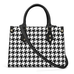 Umhängetasche mit Hahnentritt-Muster, Schwarz Weiß Vegan Leder Top Henkel Handtasche Print Kleine Tasche Damen Damen Designer