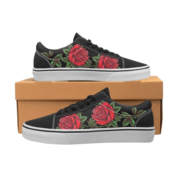 Rouge Roses Femmes Chaussures, Fleurs Floral Noir Blanc Vegan Faux Daim Cuir Animal Imprimé Lace-Up Canvas Sneakers