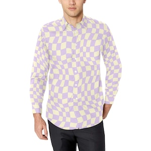 Checkered Long Sleeve Men Button Up Shirt, Pastel Purple Groovy Lilac Check 70s Vintage  Print Buttoned Down Guys Male Collar Casual Dress