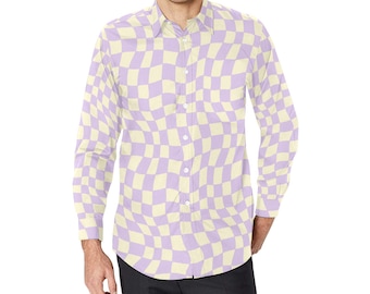 Camisa de manga larga a cuadros para hombre, con botones, estampado vintage de los años 70, color morado pastel y lila, cuello informal.