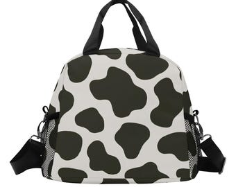 Cow Print Insulated Lunch Box Bag, Hide Black White Cute Food Container Adult Kids Women Teens Men Black School Work Handbag