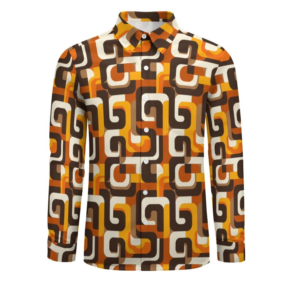 Chemise Homme Années 70 California - Taille L - Polyester Marron Motif Orange - Manches Longues - Occasion Très Bon état