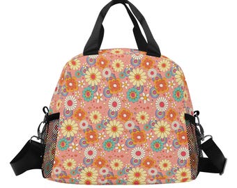 Retro Floral Insulated Lunch Box Bag, Groovy Vintage 70s Flowers Pink Food Container Adult Kids Women Teens Men Black School Work Handbag