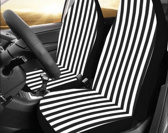 Black White Striped Car Seat Covers 2 pc, Stripe Goth Front Seat Covers Vehicle Car SUV Seat Universal Fit Protector Accessory