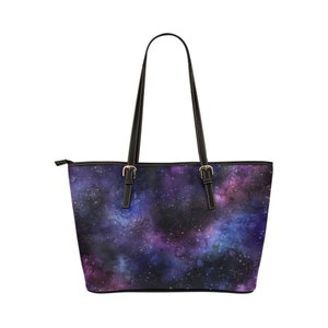 Galaxy Weltraum Tasche Tasche, Lila Sterne Print Handtasche Damen High Grade Vegan Leder Zip Top klein groß Designer Handmade Schulter
