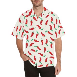 Hot Chili Pepper Men Hawaiian shirt, Button Up Cool Funny Jalapeno Print Vintage Retro Summer Vacation Tropical Hawaii Aloha Plus Size