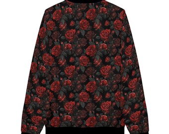 Veste En Pure Laine South Wool - Noir Avec Motifs Fleurs Rouges, Taille S, Occasion Très Bon état