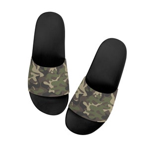 Camo Slides Sandals, Green Camouflage Black Women Ladies Designer Shoe Flat Wedge Slippers Casual Slippers Flip Flops Slip On