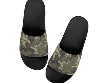 Camo Slides Sandals, Green Camouflage Black Women Ladies Designer Shoe Flat Wedge Slippers Casual Slippers Flip Flops Slip On