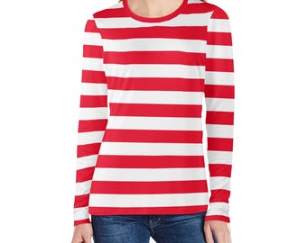 Camiseta de manga larga a rayas rojas y blancas para mujer, diseño de rayas, cuello redondo, estética gráfica, para mujer, camiseta para adulto