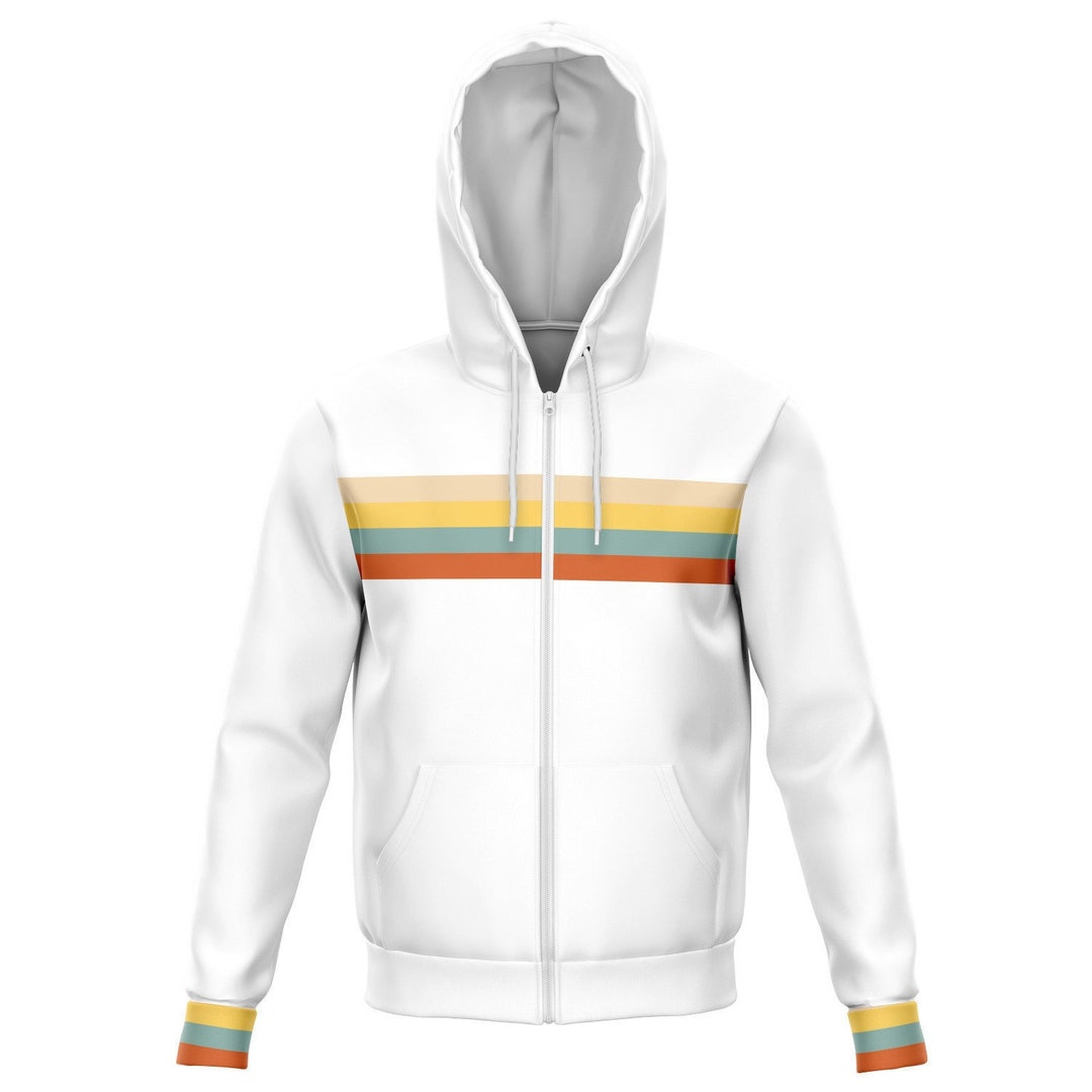 70s Retro Stripe Zip up Hoodie, Groovy White Front Zipper 70s Retro Stripe Zip up Hoodie, Groovy White Front Zipper