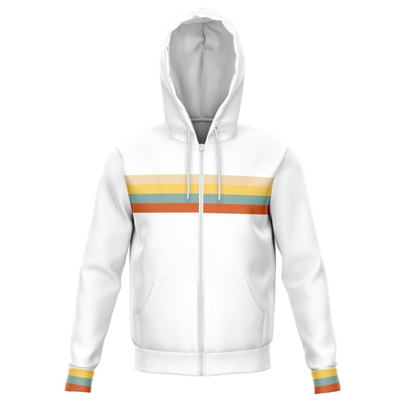 70s Retro Stripe Zip up Hoodie Groovy White Front Zipper 