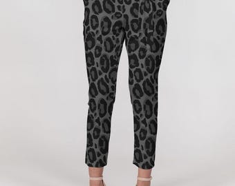 Black Leopard Women Dress Pants Pockets, Animal Print Grey Tapered Belted Business Casual Trousers High Waisted Ladies Comfy Lounge Work