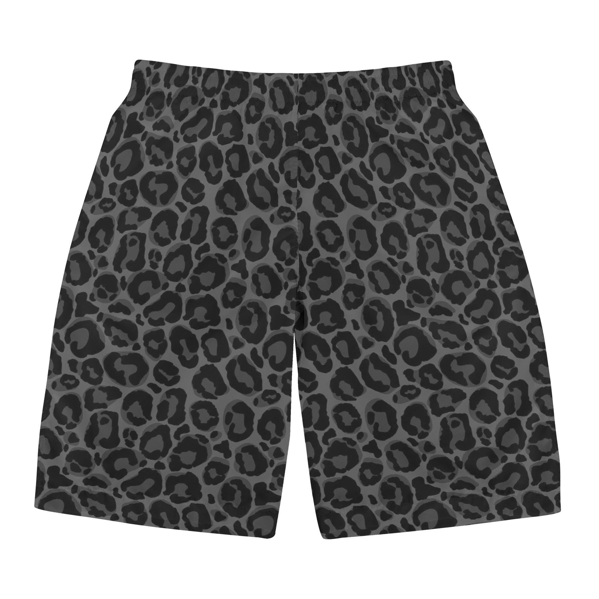 Black Grey Leopard Men Swim Trunks, Animal Print Mid Length Shorts