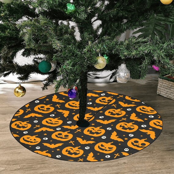 Scary Pumpkins Halloween Tree Skirt, Orange Bats Skulls Christmas