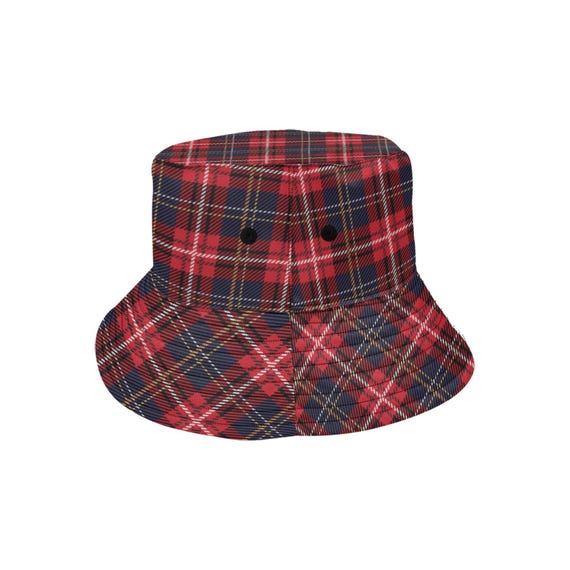 Red Plaid Bucket Hat Cap, Buffalo Plaid Tartan Blue Retro  display picture 2