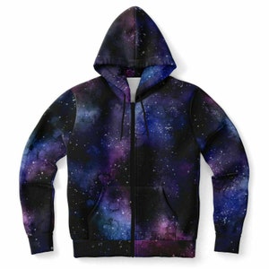 Galaxy Space Zip Up Hoodie, Purple Stars Front Universe Zipper Pocket Men Women Unisex Adult Aesthetic Cotton Fleece Hooded Sweatshirt