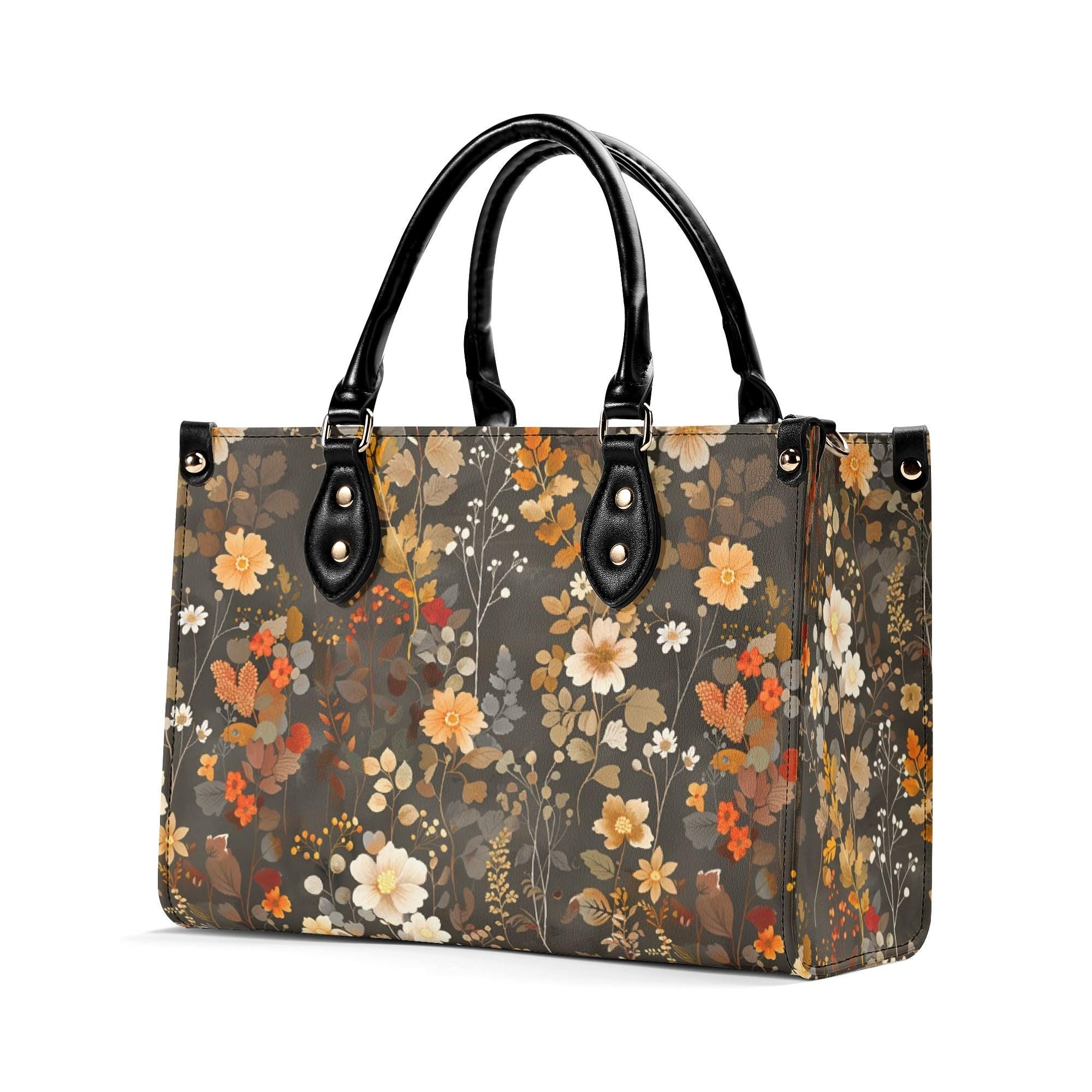 Discover Floral Brown Leather Shoulder Bag for Women, Crossbody/Vegan Leather Top Handle Handbag, Autumn Fall Tote, Small to Large Bag