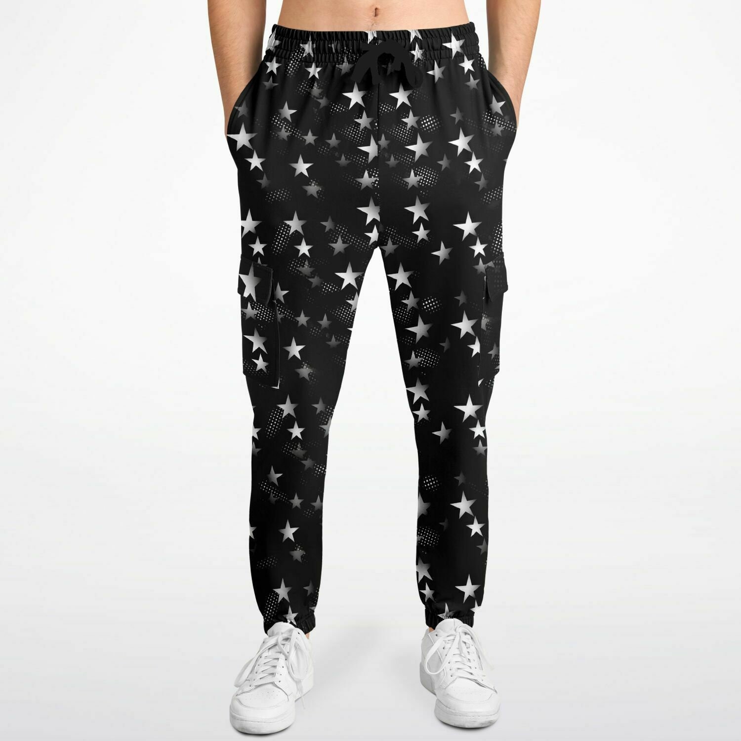 Stars Cargo Pants With Flap Pockets, Black White Men Women Guys 