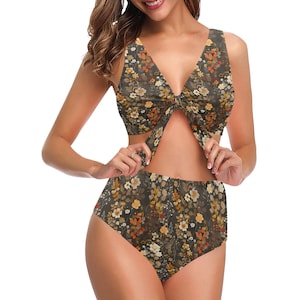 Brown Floral Bikini Set, Flowers High Waisted Cute Bottom Knot Front Top Swimsuits Women Swimwear Bathing Suit Ladies Two Piece Swimming