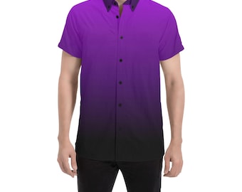 Camisa de manga corta con botones para hombre, color negro y morado, estampado degradado con efecto tie dye, informal, abotonada, para verano, con cuello, talla grande