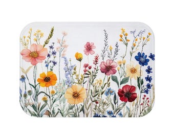 Wildflowers Bath Mat, Floral Flowers Botanical Garden Shower Bathroom Decor Non Slip Floor Memory Foam Microfiber Large Small Washable Rug