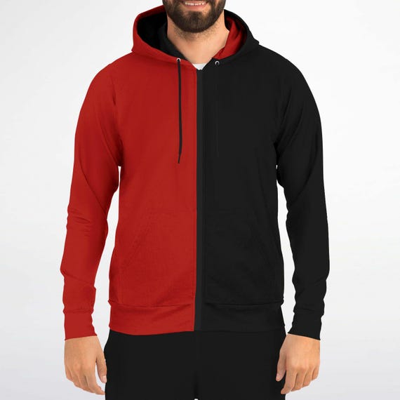 Half Black Half Red Zip up Hoodie, Two Tone Color Split Full