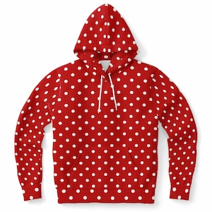 Red and White Polka Dot Hoodie, Pullover Men Women Adult Aesthetic Graphic Cotton Hooded Sweatshirt with Pockets Designer Plus Size