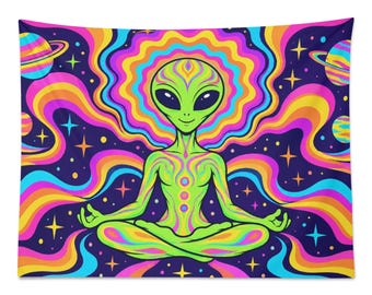 May include: A rectangular wall tapestry featuring a green alien sitting in a lotus meditation pose. The background displays a dark blue space scene with colorful, wavy, psychedelic patterns, glowing stars, and two planets with rings.