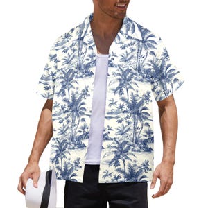 Vintage Tropical Island Men Hawaiian shirt, Palm Trees Blue Floral Designer V Neck Aloha Hawaii Retro Beach Plus Size Guys Male Button Down