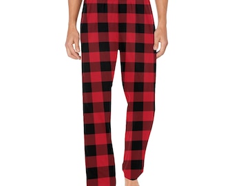 Pantalon de pyjama pour hommes à carreaux de buffle rouge, carreaux de tartan noir de Noël en satin avec poches PJ, pantalons de sommeil pour couples, pantalons assortis