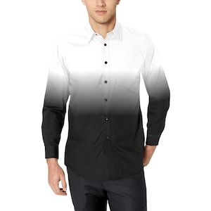 Black White Ombre Long Sleeve Men Button Up Shirt, Gradient Tie Dye Print Guys Male Dress Buttoned Casual Collar Shirt with Chest Pocket