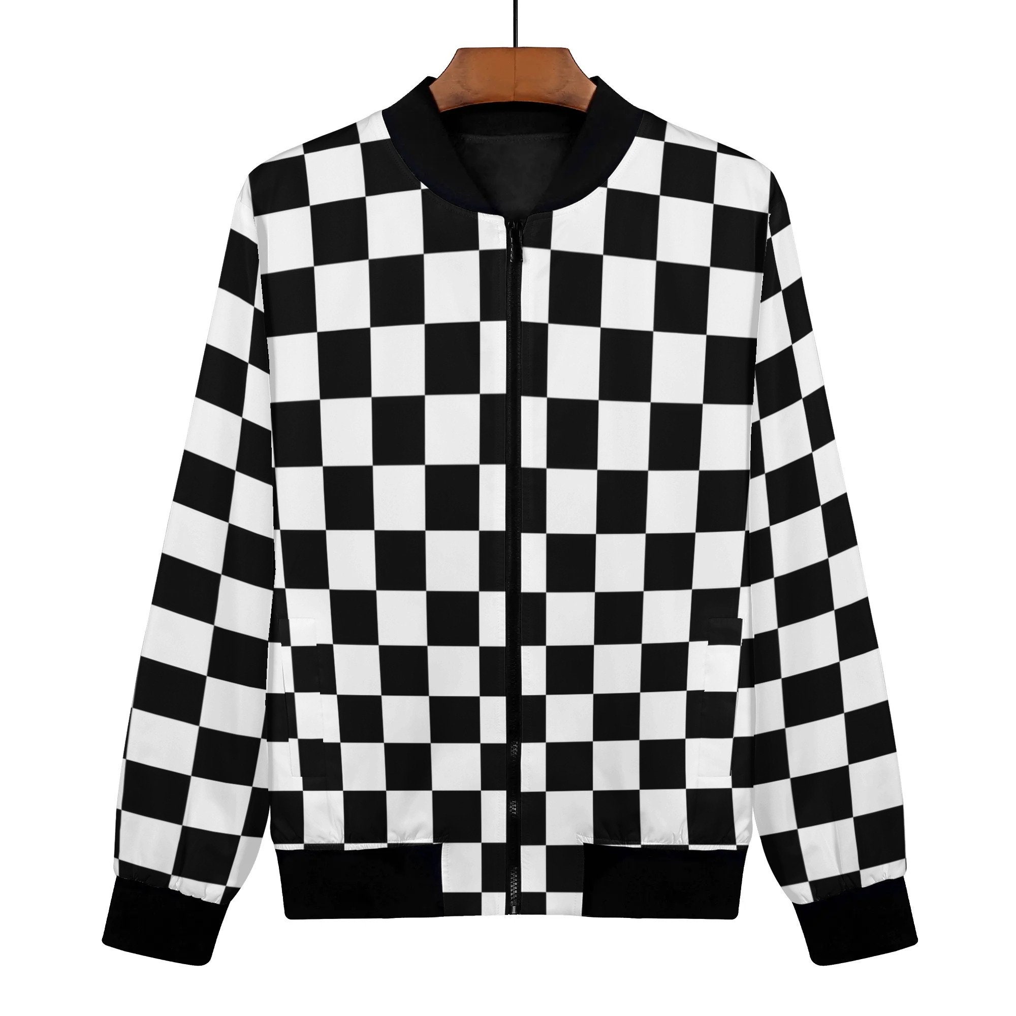 Checkered Women Bomber Jacket, Racing Black White Check