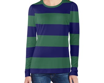 Camiseta de manga larga con rayas azules y verdes oscuras para mujer, camiseta de cuello redondo ajustada con diseño gráfico estético de rayas anchas para mujer